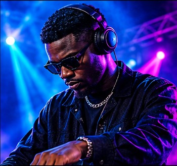 DJ Vex performing under blue and purple lights