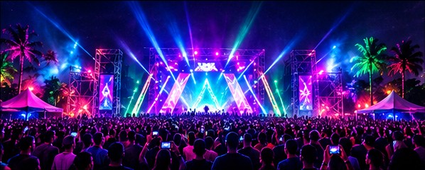 A festival crowd under vivid concert lights