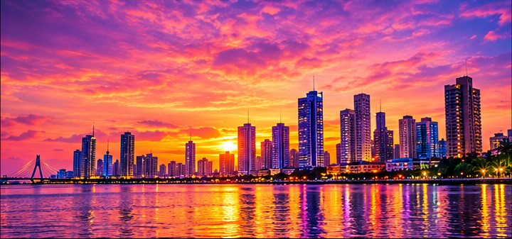 Colorful sunset over a city waterfront